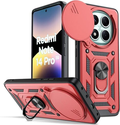 مناسب لحافظة الهاتف المحمول Xiaomi Redmi Note 14 Pro 5G، مع غطاء كاميرا منزلق، ودعامة دوارة 360 درجة وغطاء واقي من السيليكون TPU - أسود in Saudi Arabia