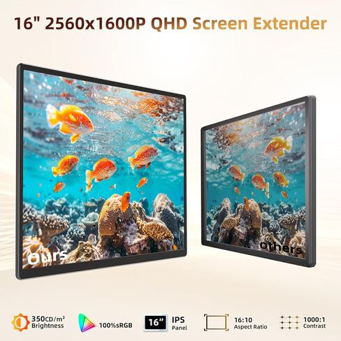 شاشة كمبيوتر محمول موسع 2.5K - شاشة محمولة مزدوجة مقاس 16 بوصة 2560x1600P QHD 100% sRGB IPS 235 درجة دوران تصميم شاشة قابل للفصل متوافق إضافي مع Mac Wins Dex Chrome يناسب أجهزة الكمبيوتر المحمولة مقاس 13 بوصة - 17 بوصة in Saudi Arabia