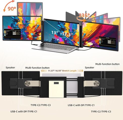 شاشة كمبيوتر محمول موسع 2.5K - شاشة محمولة مزدوجة مقاس 16 بوصة 2560x1600P QHD 100% sRGB IPS 235 درجة دوران تصميم شاشة قابل للفصل متوافق إضافي مع Mac Wins Dex Chrome يناسب أجهزة الكمبيوتر المحمولة مقاس 13 بوصة - 17 بوصة in Saudi Arabia