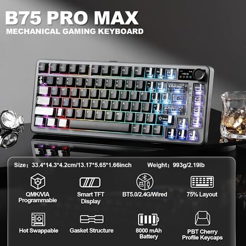 YUNZII B75 PRO MAX QMK/VIA Wireless Mechanical Keyboard,75% Layout with Screen and Knob,Custom Hot Swap Gasket,Creamy Pre-lubed Switches,Bluetooth/Type-C/2.4G for Win/Mac (Black,Cocoa Cream V2 Switch) in Saudi Arabia