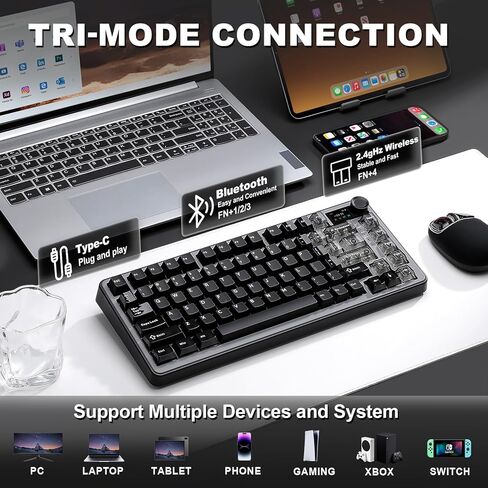 YUNZII B75 PRO MAX QMK/VIA Wireless Mechanical Keyboard,75% Layout with Screen and Knob,Custom Hot Swap Gasket,Creamy Pre-lubed Switches,Bluetooth/Type-C/2.4G for Win/Mac (Black,Cocoa Cream V2 Switch) in Saudi Arabia