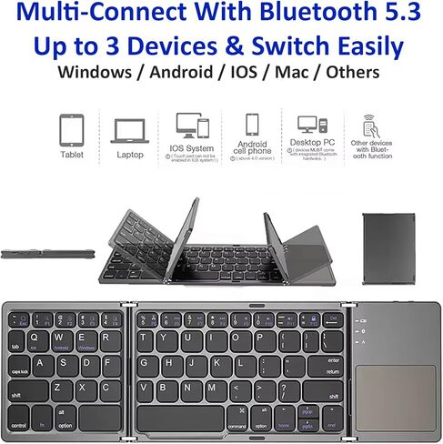 Slim Foldable Wireless Keyboard Compatible with Samsung Galaxy Tab S5e/Galaxy Tab S6 Includes TOUCHPAD Mouse /48H Use/560 Days Standby/Portable/Compact/Tri-Fold/Rechargeable in Saudi Arabia