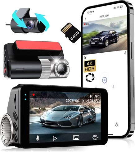 كاميرا داش كام أمامية وخلفية بدقة 4K، مستشعر G، بطاقة مجانية سعة 64 جيجابايت متضمنة، واي فاي 5.8 جيجا هرتز مع كاميرا داش للسيارات، تسجيل بفاصل زمني، 3 بوصات HD IPS، وضع ركن السيارة 24 ساعة، رؤية ليلية in Saudi Arabia