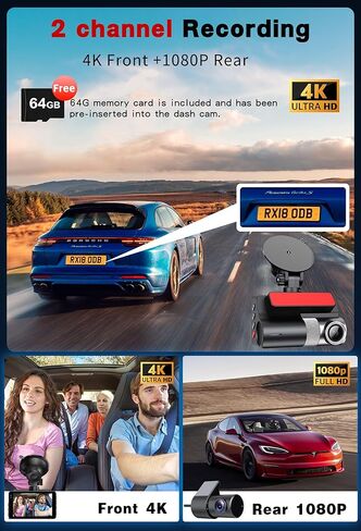كاميرا داش كام أمامية وخلفية بدقة 4K، مستشعر G، بطاقة مجانية سعة 64 جيجابايت متضمنة، واي فاي 5.8 جيجا هرتز مع كاميرا داش للسيارات، تسجيل بفاصل زمني، 3 بوصات HD IPS، وضع ركن السيارة 24 ساعة، رؤية ليلية in Saudi Arabia