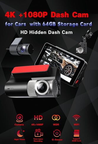 كاميرا داش كام أمامية وخلفية بدقة 4K، مستشعر G، بطاقة مجانية سعة 64 جيجابايت متضمنة، واي فاي 5.8 جيجا هرتز مع كاميرا داش للسيارات، تسجيل بفاصل زمني، 3 بوصات HD IPS، وضع ركن السيارة 24 ساعة، رؤية ليلية in Saudi Arabia