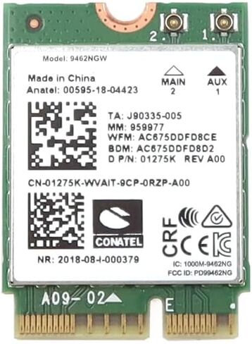 9462NGW Wireless-AC 9462 CNVio M.2 2230/1216 802.11ac WLAN 433Mbps Bluetooth 5.1 WiFi Card 1275K 01275K CN-01275K قطع غيار بديلة متوافقة مع Intel وأنظمة الكمبيوتر المحمول in Kuwait