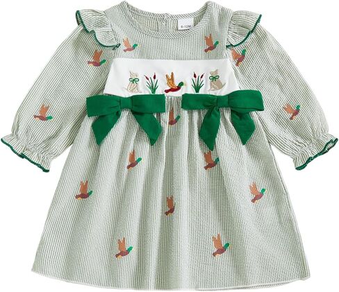 Toddler Baby Girl Smocked Dress Hunting Outfit Mallard Duck Long Sleeve A Line Striped Dresses Girls Fall Clothes in Saudi Arabia