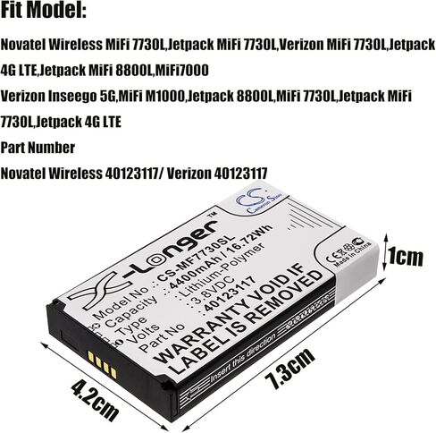 3.8V 4400mAh Hotspot Battery, Li-Polymer Replacement Battery for Verizon Inseego 5G, MiFi M1000, Jetpack 8800L, MiFi 7730L, Jetpack MiFi 7730L, Jetpack 4G LTE, MiFi 8800L, 40123117 in Saudi Arabia