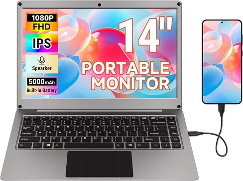 شاشة محمولة مع لوحة مفاتيح، 14 بوصة 1080 بكسل FHD Lapdock متوافقة مع Raspberry Pi/Mini PC/Phone/PC/Game Console، بطارية مدمجة CrowView Note (يتضمن كابل TypeC وHDMI كامل الميزات) in Kuwait