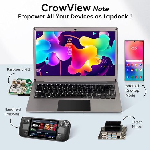 شاشة محمولة مع لوحة مفاتيح، 14 بوصة 1080 بكسل FHD Lapdock متوافقة مع Raspberry Pi/Mini PC/Phone/PC/Game Console، بطارية مدمجة CrowView Note (يتضمن كابل TypeC وHDMI كامل الميزات) in Kuwait