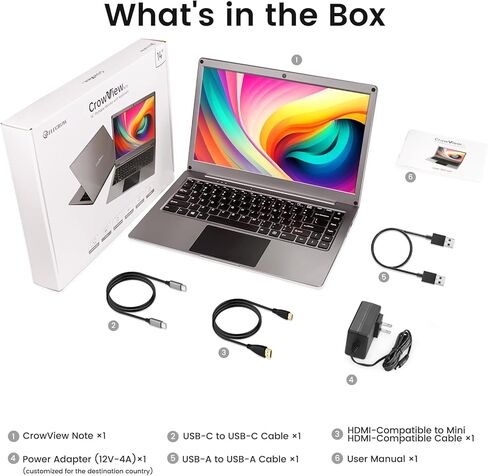 شاشة محمولة مع لوحة مفاتيح، 14 بوصة 1080 بكسل FHD Lapdock متوافقة مع Raspberry Pi/Mini PC/Phone/PC/Game Console، بطارية مدمجة CrowView Note (يتضمن كابل TypeC وHDMI كامل الميزات) in Kuwait