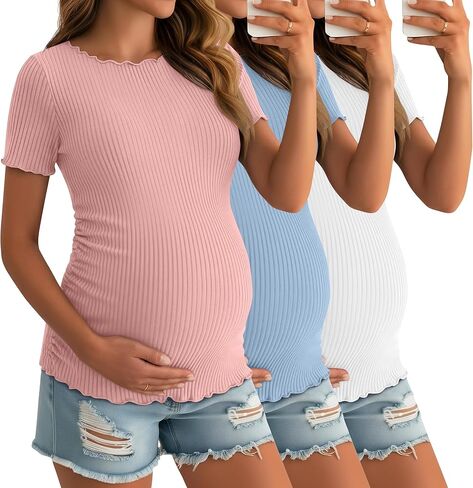 3 Pack Women's Maternity Shirt Short Sleeve Cotton T-Shirts Boat Neck Ribbed Tops Side Ruched Pregnancy Clothes in Saudi Arabia