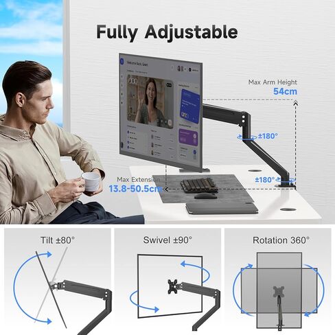 Suptek Single Monitor Arm 13 to 34 Inch,Adjustable Gas Spring Monitor Desk Mount Stand Holds up to 4.4-26.4lbs,VESA Mounting Holes 75/100mm,Black(MDXB) in Saudi Arabia