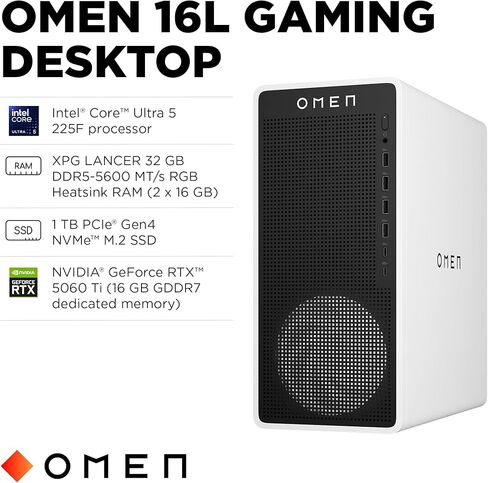 كمبيوتر مكتبي HP OMEN 16L للألعاب، Intel Core Ultra 5 225F، ذاكرة الوصول العشوائي 32 جيجابايت، 1 تيرابايت SSD، NVIDIA GeForce RTX 5060 Ti، Windows 11 Home، Microsoft Copilot، Panda Metal، TG03-0130 (2025) in Saudi Arabia