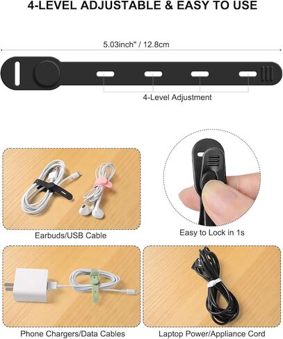 OneLeaf Reusable Silicone Cable Ties, Soft Cord Bundlers for USB Chargers, Kitchen Appliance, Adjustable Wire Management Straps with Secure Buckle, Travel Tech & Cruise Essentials Keepers, Multicolor in Kuwait