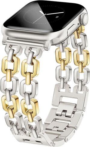 أساور ساعة ذهبية وفضية للنساء متوافقة مع ساعة أبل 38/40/41/42/44/46/49 ملم حزام معدني قابل للتعديل أنيق سلسلة سوار لسلسلة iWatch 11/10/9/8/7/6/5/4/SE/3/2/1/Ultra in Kuwait