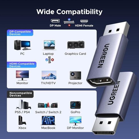 منفذ عرض UGREEN 8K@60 هرتز إلى محول HDMI أحادي الاتجاه مع 4K@240 هرتز 2K@240 هرتز، DP 1.4 PC إلى HDMI 2.1 كابل عرض ذكر إلى أنثى، محول ألومنيوم يدعم VRR متوافق مع AMD NVIDIA in Saudi Arabia