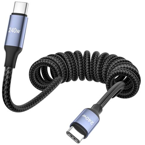 240W USB C to USB C Cable Coiled 4.92FT, Braided Type C Charger for Car 240W Fast Charging Cord Compatible with iPhone 17 16 15, iPad, Samsung Galaxy, Google Pixel, Moto, LG, TCL Phones in Kuwait