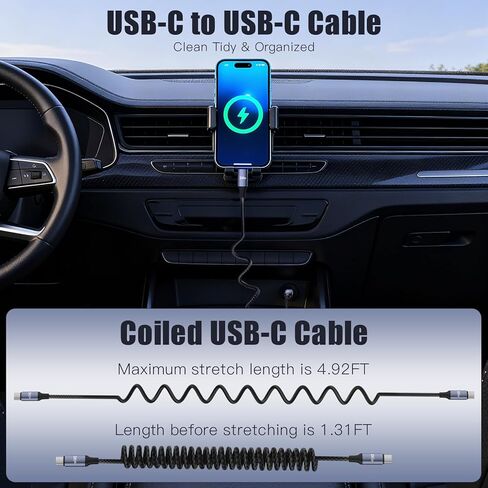 240W USB C to USB C Cable Coiled 4.92FT, Braided Type C Charger for Car 240W Fast Charging Cord Compatible with iPhone 17 16 15, iPad, Samsung Galaxy, Google Pixel, Moto, LG, TCL Phones in Kuwait