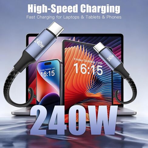 240W USB C to USB C Cable Coiled 4.92FT, Braided Type C Charger for Car 240W Fast Charging Cord Compatible with iPhone 17 16 15, iPad, Samsung Galaxy, Google Pixel, Moto, LG, TCL Phones in Kuwait