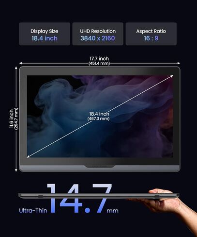 DIGIDRAW Drawing Tablet 18.4in 4K UHD with Touch Screen, △E<1.3 99.8% sRGB 16K Pressure Battery-Free Pen Fully Laminated Anti-Glare+Anti-Fingerprint Includes Remote Control for Digital Art, Animation in Saudi Arabia