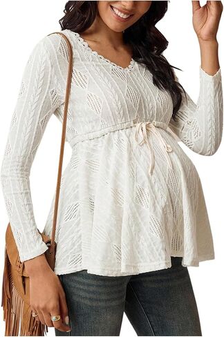 MakeMeChic Women's Maternity Clothes Spring Lace V Neck Long Sleeve Tie Front Babydoll Pregnancy Tops in Saudi Arabia