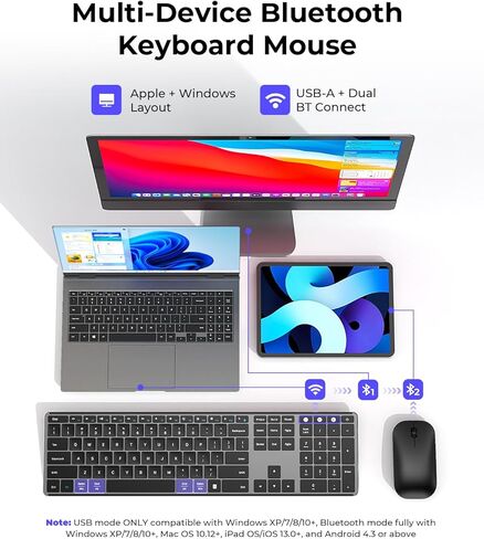 seenda Wireless Bluetooth Keyboard and Mouse Combo (USB + Dual BT), SKM64-3 Multi-Device Rechargeable Slim Keyboard and Mouse, Compatible for Win 7/8/10, MacBook Pro/Air, iPad, Tablet in Saudi Arabia