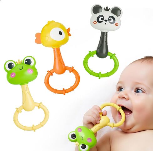 iPlay، iLearn Baby Maracas Rattle Toy، مجموعة خشخيشات للحيوانات للرضع، حلقات تسنين حسية لحديثي الولادة، لعبة سرير لعربة الأطفال وقت البطن، هدية عيد ميلاد 3 4 6 7 9 12 18 شهرًا طفلة صغيرة in Kuwait