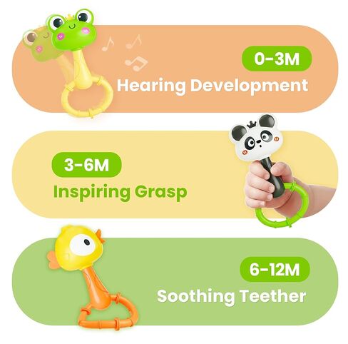 iPlay، iLearn Baby Maracas Rattle Toy، مجموعة خشخيشات للحيوانات للرضع، حلقات تسنين حسية لحديثي الولادة، لعبة سرير لعربة الأطفال وقت البطن، هدية عيد ميلاد 3 4 6 7 9 12 18 شهرًا طفلة صغيرة in Kuwait
