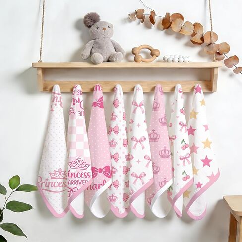 8 Pack Burp Cloths Organic Cotton, Pink Bows Baby Burp Cloths Girls, Absorbent Baby Burping Cloth, Soft Burping Cloth Set for Feeding, New Mom Gifts for Newborns Essentials Gift Set, 19"x9" in Saudi Arabia