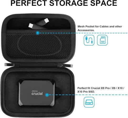 Lacdo Hard Drive Carrying Case for Crucial X9 / X10 / X10 Pro / X9 Pro SSD 1TB 2TB 4TB 6TB 8TB Portable External Solid State Drive Shockproof Water Repellent Crucial SSD Case Storage Travel Bag, Black in Saudi Arabia