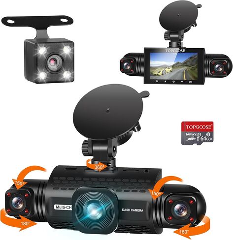 كاميرا داش كام ذات 4 قنوات عرض 360 درجة أمامية وخلفية داخل يسار يمين، كاميرا داش TOPGOOSE للسيارات FHD 1080P، بطاقة مجانية 64 جيجابايت، كاميرا داش متعددة القنوات للسيارات، مسجل Trafflc للصندوق الأسود، مستشعر G in Kuwait