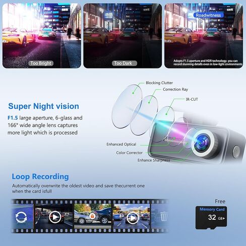كاميرا أمامية صغيرة بدقة 4K، كاميرا أمامية للسيارات، كاميرا سيارة WiFi مع التحكم الصوتي، رؤية ليلية، مستشعر G، وضع انتظار السيارات على مدار 24 ساعة، تطبيق تسجيل حلقي، كاميرا Dashcam 4K متضمنة 32 جيجابايت، تدعم 256 جيجابايت in Kuwait