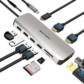 محطة إرساء الكمبيوتر المحمول WAVLINK USB C بشاشة مزدوجة لأجهزة Dell/Lenovo/HP/XPS، ومحول USB-C متعدد المنافذ مع 2 HDMI، ومنفذ DisplayPort، ومحور إيثرنت، وتوصيل طاقة 85 وات، وقارئ بطاقة SD، وصوت in Saudi Arabia