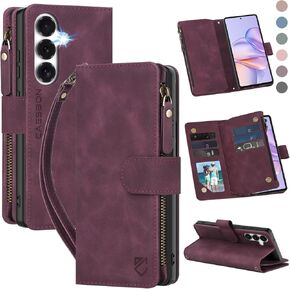 for Samsung Galaxy S25-FE-Wallet Case: with RFID Blocking Card Slots (6 Cards) | Soft PU Leather Magnetic Snap Zipper Pocket | Crossbody Wrist Strap Protective Phone Cover - Brown in Saudi Arabia