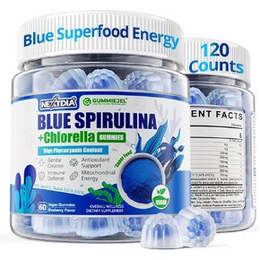 Organic Blue Spirulina Gummies, High Phycocyanin from Nutrient-Rich Blue-Green Algae for Antioxidants, Cellular Energy & Cleanse, Superfood w/Chlorella, CoQ10 & VC,Taurine,Green Tea, Sugar Free, 60 Ct in Saudi Arabia