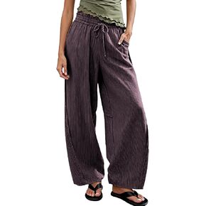 Women's Striped Barrel Pants Drawstring Waist Wide Leg Trousers Pockets Casual Comfort for Office Lounge Travel(Darkpurple-M) in Saudi Arabia