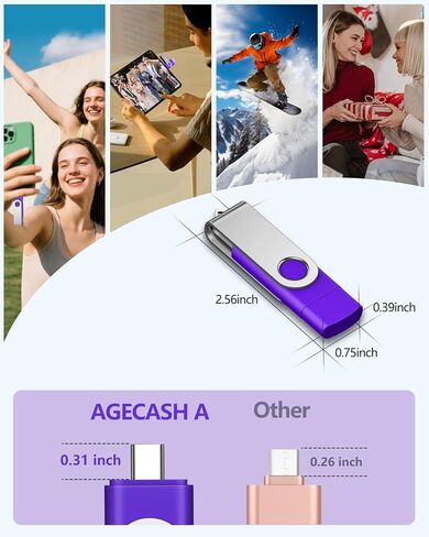 محرك أقراص فلاش مزدوج AGECASH سعة 128 جيجابايت USB-C (عبوة واحدة) | 2 في 1 USB A + Type C محركات أقراص فلاش USB C Thumb Drive USB 3.0 exFAT USBC Memory Stick 128GB - أرجواني in Kuwait