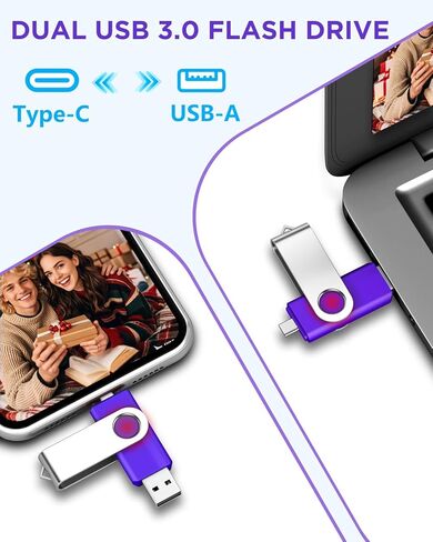 محرك أقراص فلاش مزدوج AGECASH سعة 128 جيجابايت USB-C (عبوة واحدة) | 2 في 1 USB A + Type C محركات أقراص فلاش USB C Thumb Drive USB 3.0 exFAT USBC Memory Stick 128GB - أرجواني in Kuwait