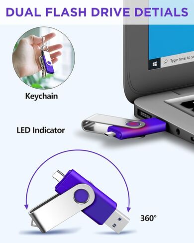 محرك أقراص فلاش مزدوج AGECASH سعة 128 جيجابايت USB-C (عبوة واحدة) | 2 في 1 USB A + Type C محركات أقراص فلاش USB C Thumb Drive USB 3.0 exFAT USBC Memory Stick 128GB - أرجواني in Kuwait