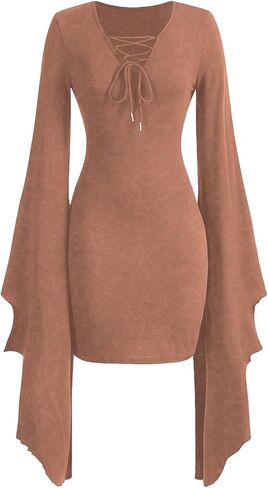 Floerns Women's Gothic Bell Long Sleeve V Neck Lace Up Short A Line Dress in Saudi Arabia