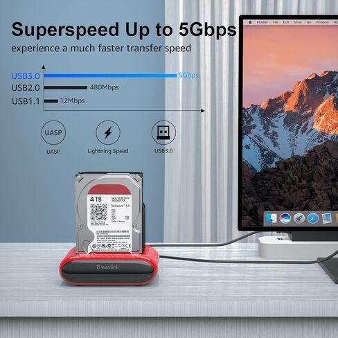 محطة إرساء القرص الصلب الخارجي WAVLINK USB3.0 إلى SATA I/II/III Dual Bay لمحرك الأقراص الصلبة 2.5/3.5 بوصة، وSSD مع وظيفة النسخ دون اتصال بالإنترنت/النوم التلقائي يدعم UASP SATA 5 جيجابت في الثانية [دعم 2 × 16 تيرابايت] in Kuwait
