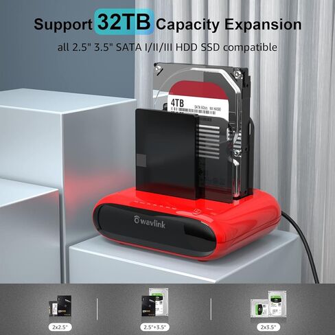 محطة إرساء القرص الصلب الخارجي WAVLINK USB3.0 إلى SATA I/II/III Dual Bay لمحرك الأقراص الصلبة 2.5/3.5 بوصة، وSSD مع وظيفة النسخ دون اتصال بالإنترنت/النوم التلقائي يدعم UASP SATA 5 جيجابت في الثانية [دعم 2 × 16 تيرابايت] in Kuwait