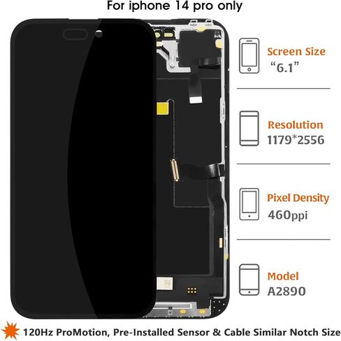 TFT for iPhone 14 Pro LCD [120Hz Promotion+Sensor Cable] Screen Replacement Display Touch Digitizer Assembly Similar Notch A2890 A2650 A2889 A2892 A2891 with Repair Tools in Saudi Arabia
