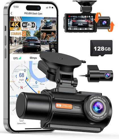 كاميرا داش 3 قنوات 4K مع مستشعر STARVIS 2، بطاقة 128 جيجابايت مجانية وواي فاي 6 حتى 20 ميجابايت/ثانية، كاميرا داش للسيارات ذات الجزء الأمامي الخلفي من الداخل، 4K 2K 1080P، رؤية ليلية بالأشعة تحت الحمراء، نظام تحديد المواقع العالمي، وضع ركن السيارة 24 ساعة in Kuwait