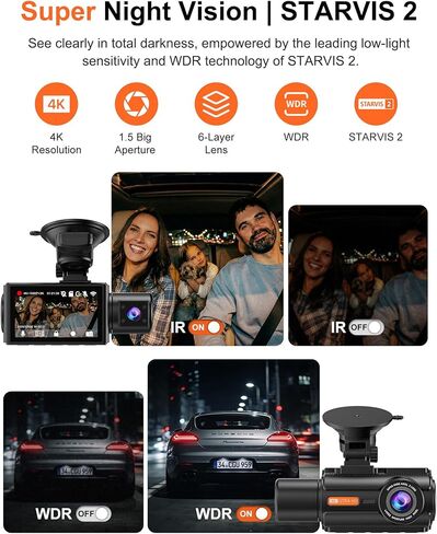 كاميرا داش 3 قنوات 4K مع مستشعر STARVIS 2، بطاقة 128 جيجابايت مجانية وواي فاي 6 حتى 20 ميجابايت/ثانية، كاميرا داش للسيارات ذات الجزء الأمامي الخلفي من الداخل، 4K 2K 1080P، رؤية ليلية بالأشعة تحت الحمراء، نظام تحديد المواقع العالمي، وضع ركن السيارة 24 ساعة in Kuwait