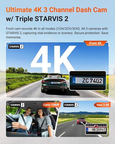 كاميرا Vantrue N4 Pro S 4K 3 قنوات مع فلتر CPL - Triple STARVIS 2، 4K+1080P+2.5K أمامي داخلي خلفي، HDR، رؤية ليلية بالأشعة تحت الحمراء، التحكم الصوتي، Wi-Fi، GPS، وضع انتظار السيارات 24/7، دعم 1 تيرابايت بحد أقصى in Saudi Arabia