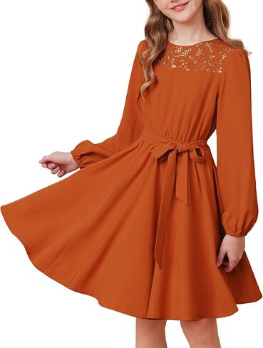 GRACE KARIN Girls Fall Dress Long Sleeve Midi with Lace Panels Twirl Skirt Elastic Waist for Holiday Party 6-14Y in Saudi Arabia