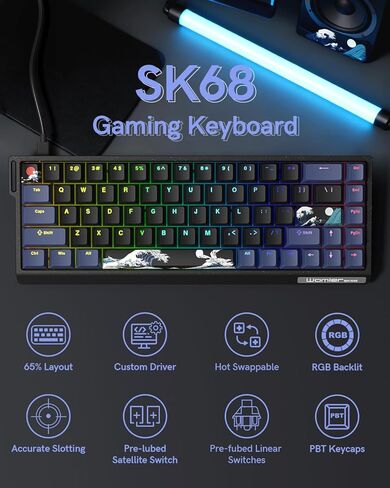لوحة مفاتيح ألعاب SK68 بنسبة 65%، لوحة مفاتيح سلكية صغيرة بإضاءة خلفية مع مقبس قابل للتبديل بنسبة 100% و68 مفتاحًا من الألومنيوم لألعاب الكمبيوتر المحمول in Saudi Arabia