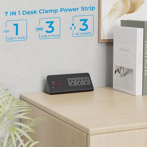 محطة شحن منضدة مع PD 20 وات USB C، شريط طاقة بحافة منضدة مع 3 منافذ تيار متردد، 4 منافذ USB للشحن السريع، توصيل قابس مسطح بطول 6.56 قدم، حامي عرام المكتب لفندق المكتب المنزلي، أسود in Kuwait